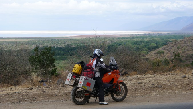 Fanny on slopes of Ngorogoro Crater with Lake Manyara in distance