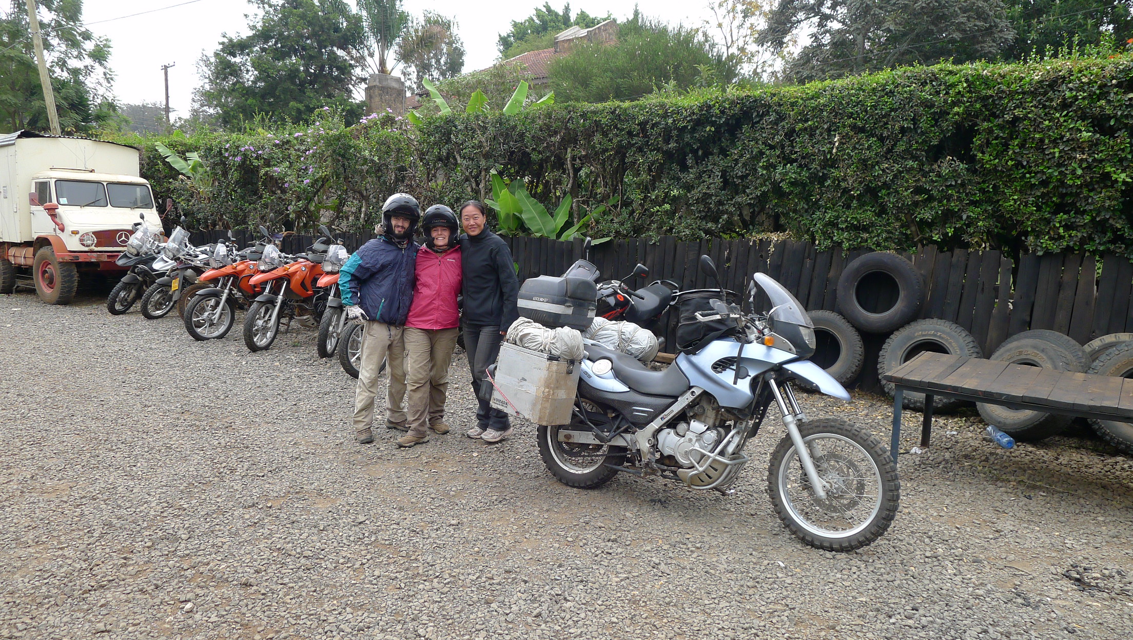 Fanny with Noa and Jose (RTW BMW riders from Spain) with whom we had many adventures in the Masai Mara, Kenya. Pictured here at Jungle Junction in Nairobi. 