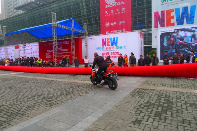 And free of charge our demonstration rider "Mad Max"  putting the 650 NK through its paces. A wheelie, perhaps? 