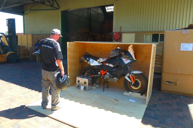 KTMs arriving back in Cape Town --- where we started 18 months previously